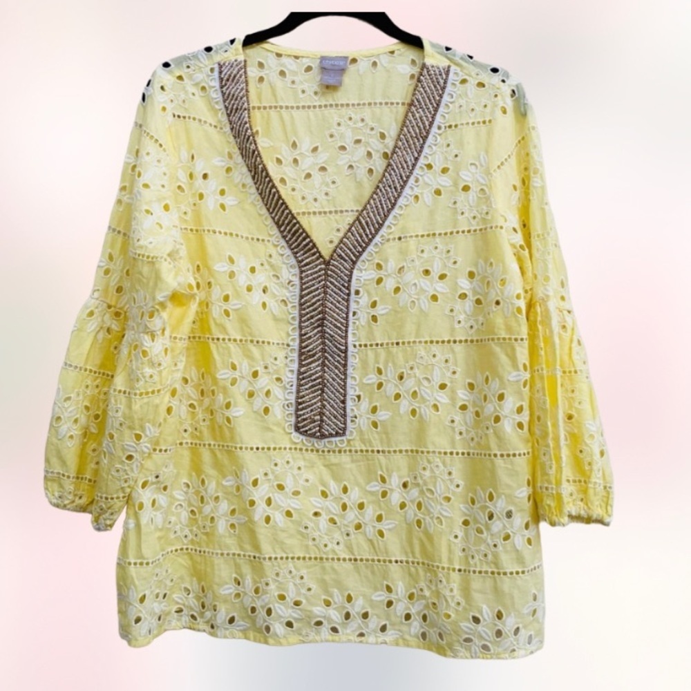 Chicos Yellow Eyelet Beaded Tunic with White Embroidery Size 2